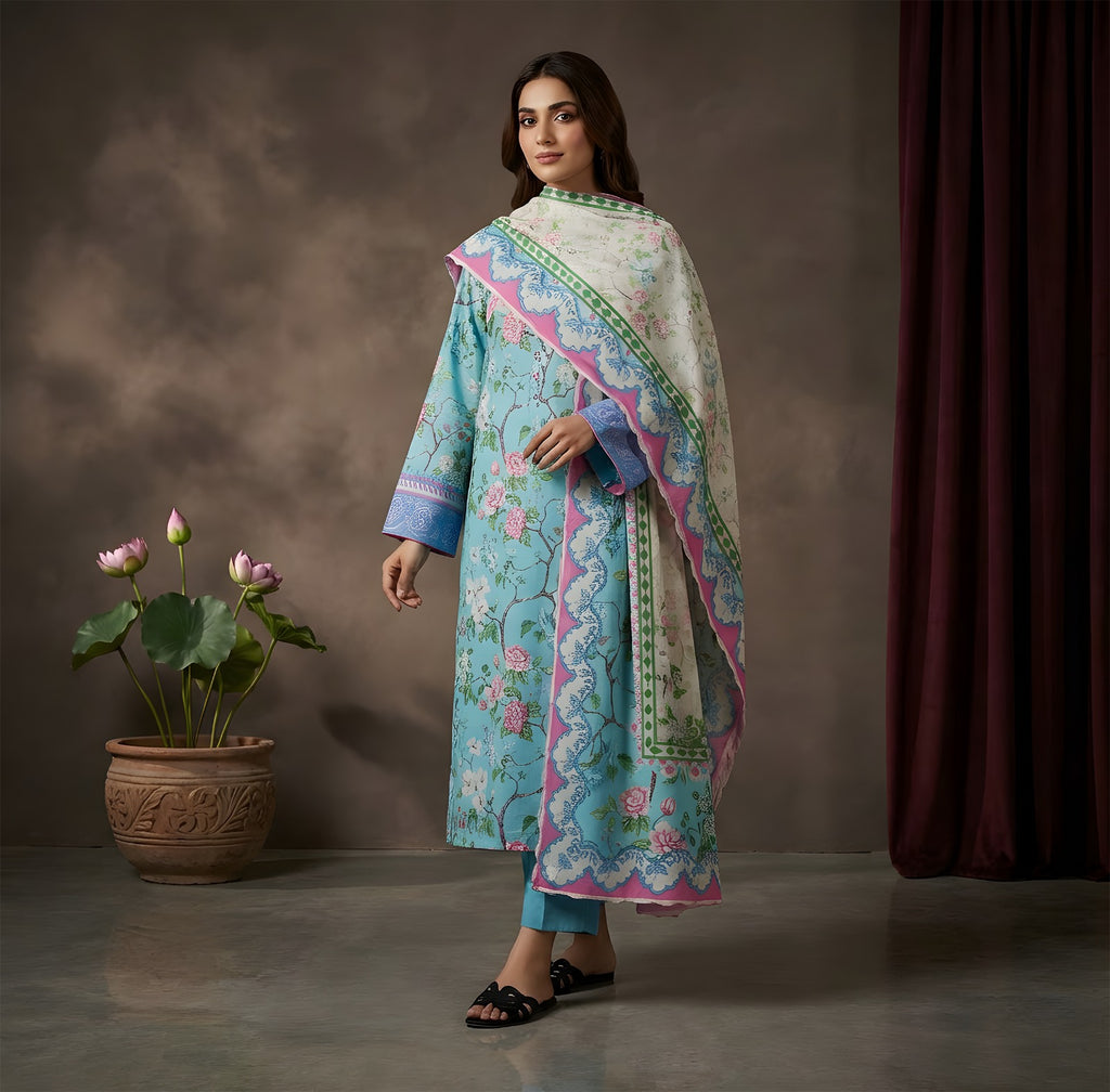 Sky Blue Floral Bliss - VIP Digital Print Slub Lawn 3-Piece Suit