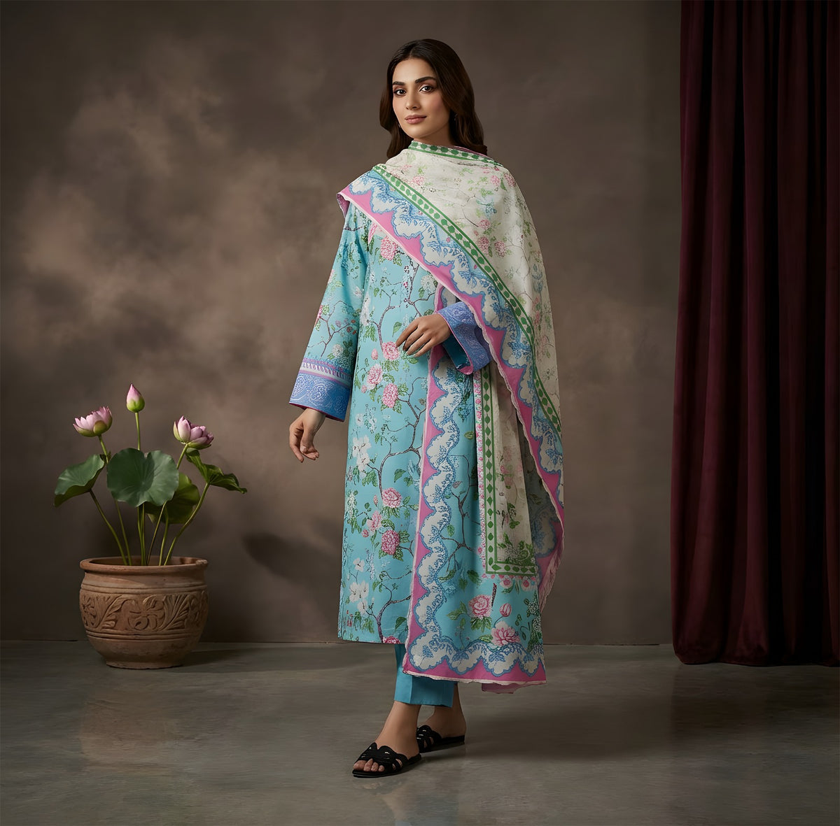 Sky Blue Floral Bliss - VIP Digital Print Slub Lawn 3-Piece Suit