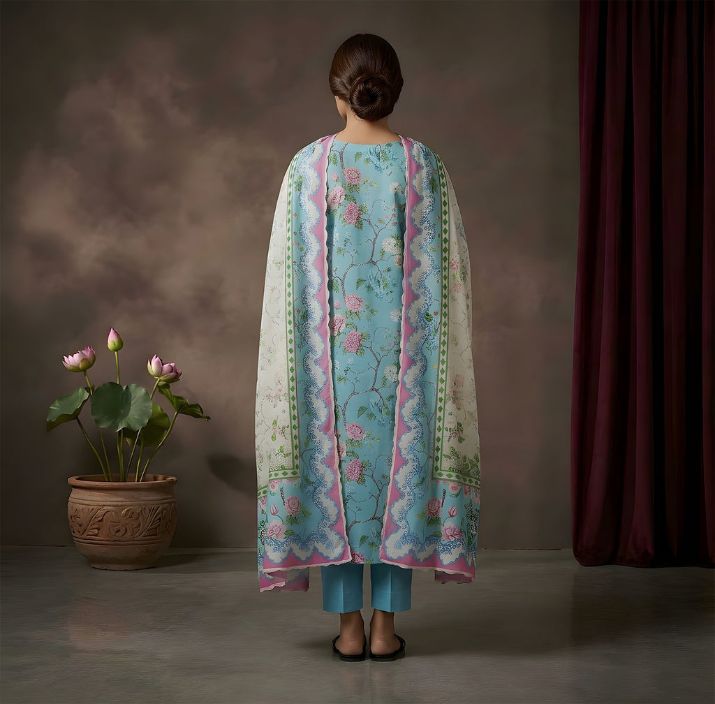 Sky Blue Floral Bliss - VIP Digital Print Slub Lawn 3-Piece Suit