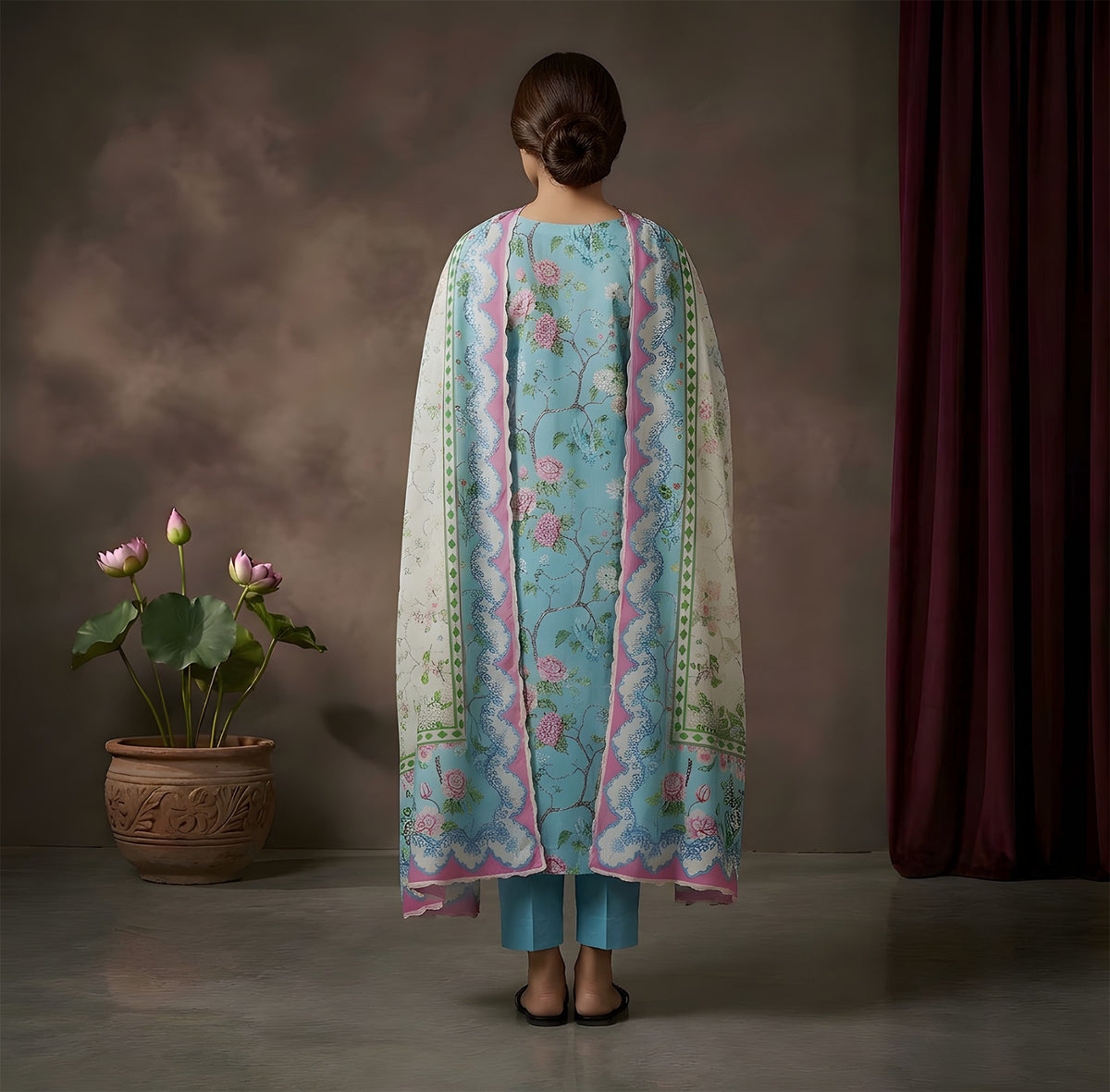Sky Blue Floral Bliss - VIP Digital Print Slub Lawn 3-Piece Suit