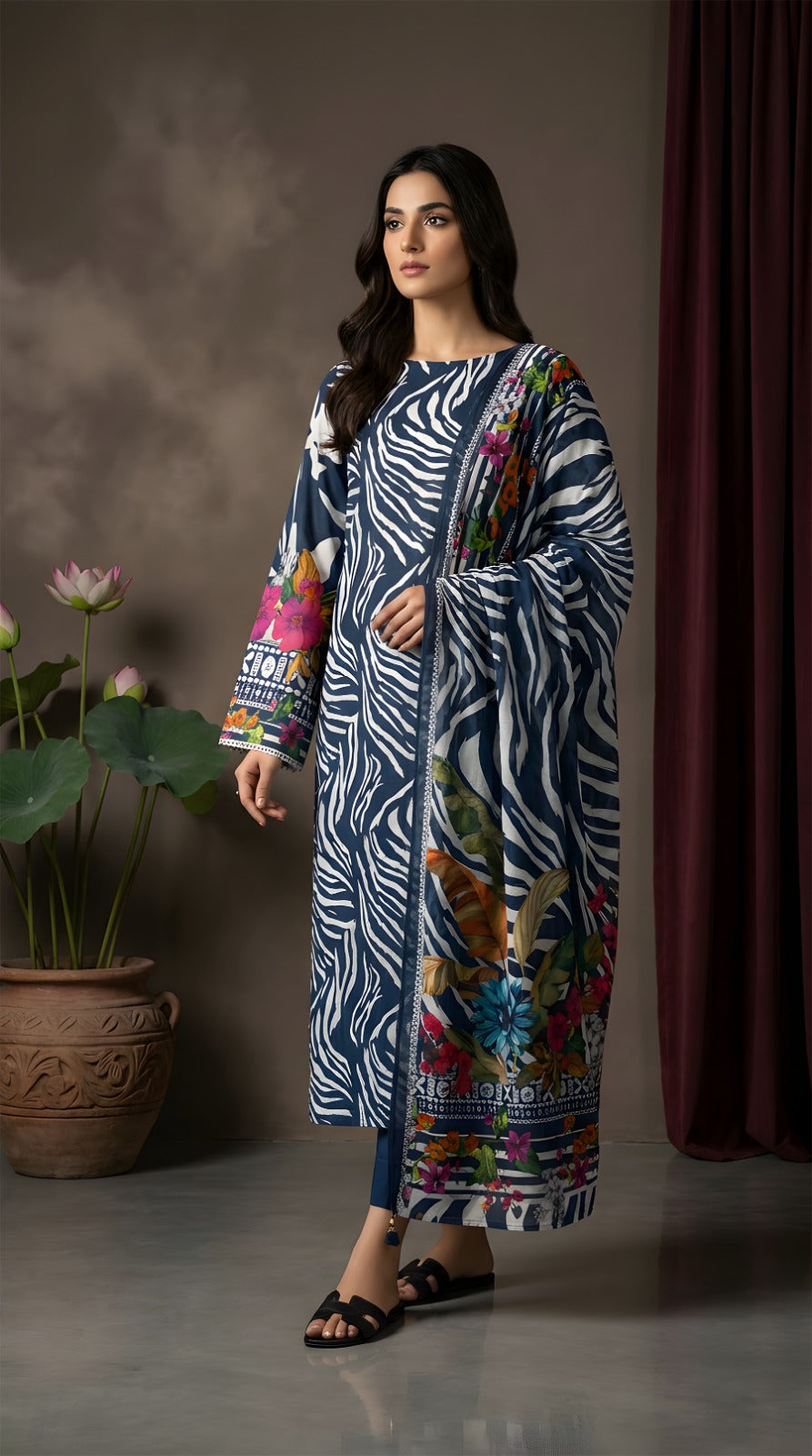 Navy Zebra Botanical - VIP Digital Print Slub Lawn Unstitched 3PC