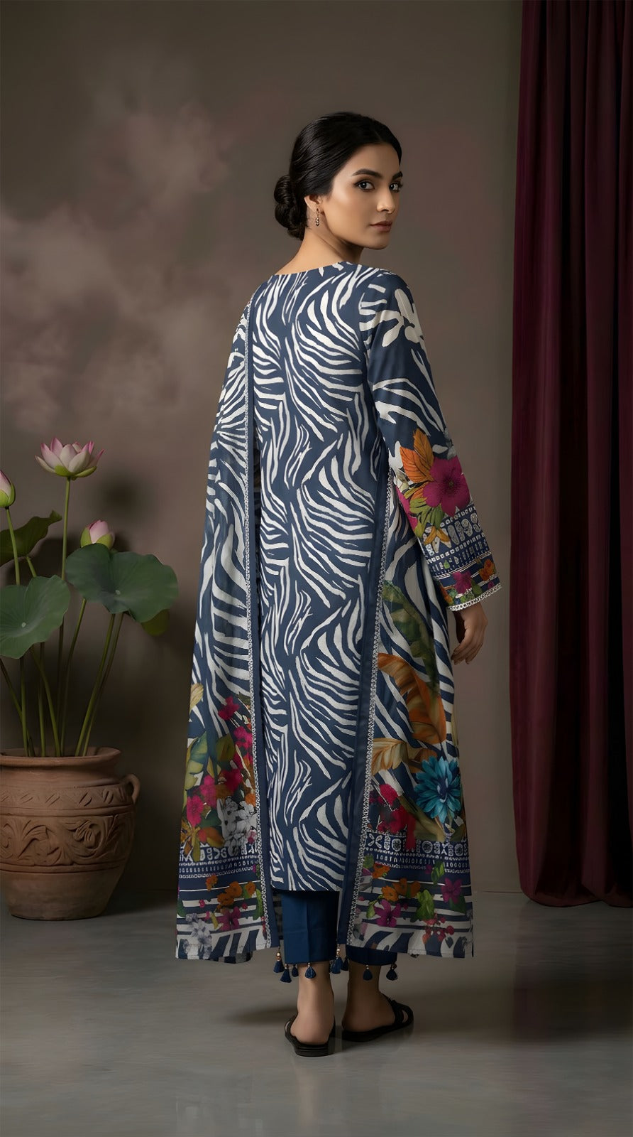 Navy Zebra Botanical - VIP Digital Print Slub Lawn Unstitched 3PC