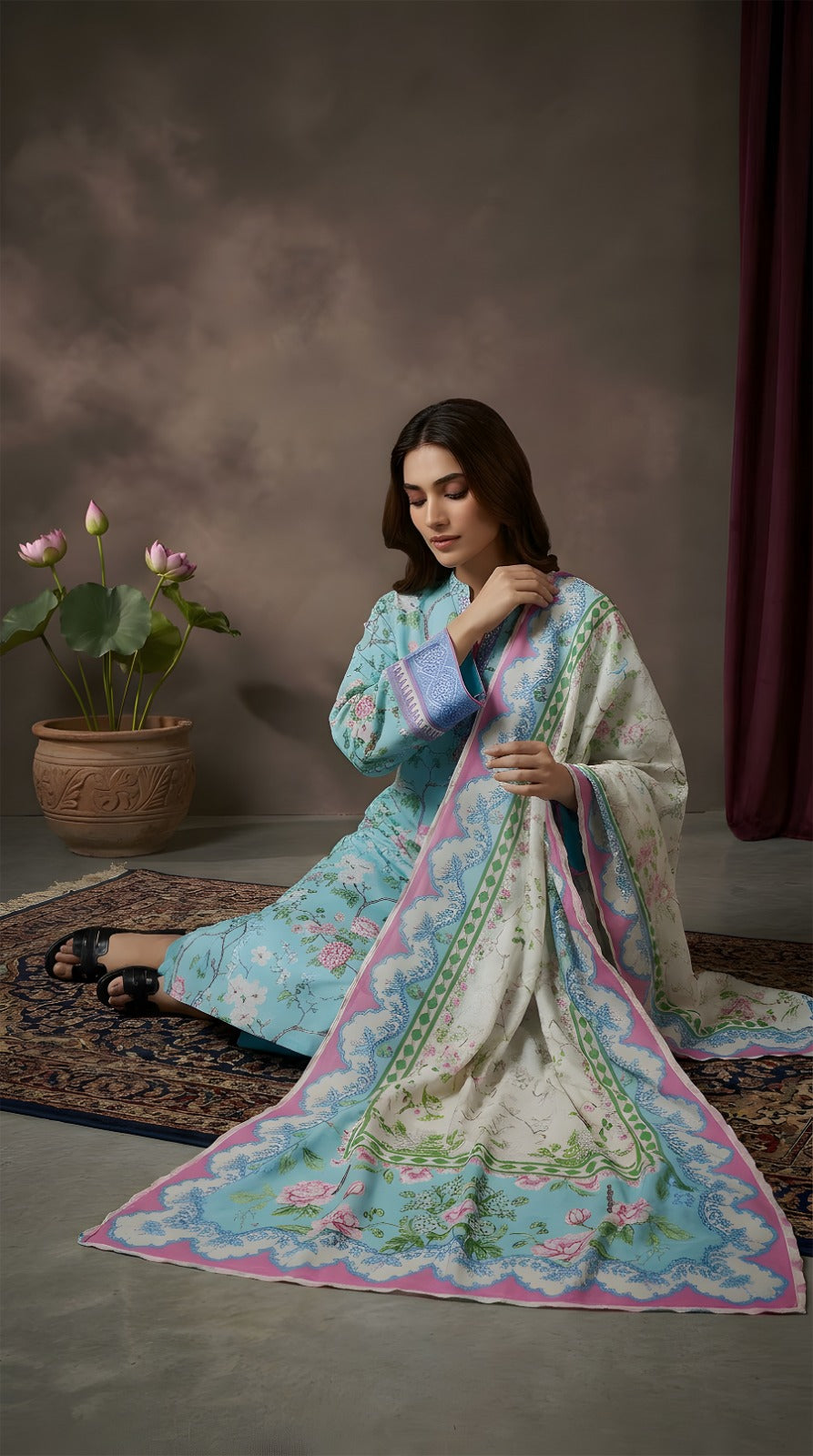 Sky Blue Floral Bliss - VIP Digital Print Slub Lawn 3-Piece Suit