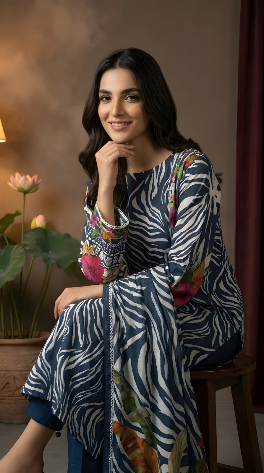 Navy Zebra Botanical - VIP Digital Print Slub Lawn Unstitched 3PC