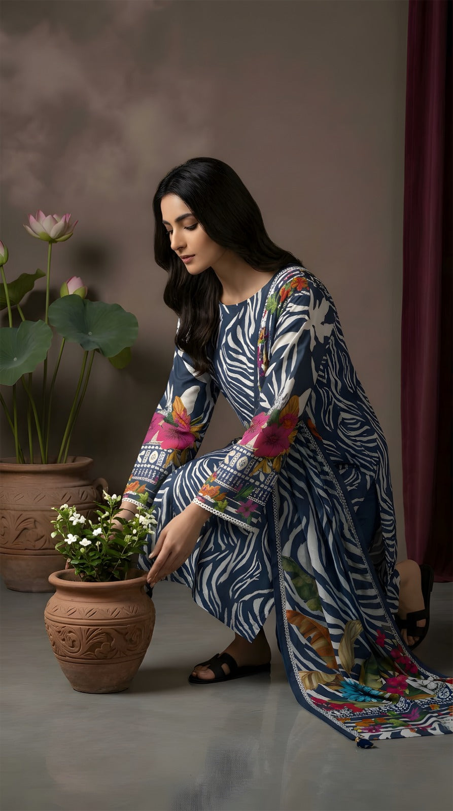 Navy Zebra Botanical - VIP Digital Print Slub Lawn Unstitched 3PC