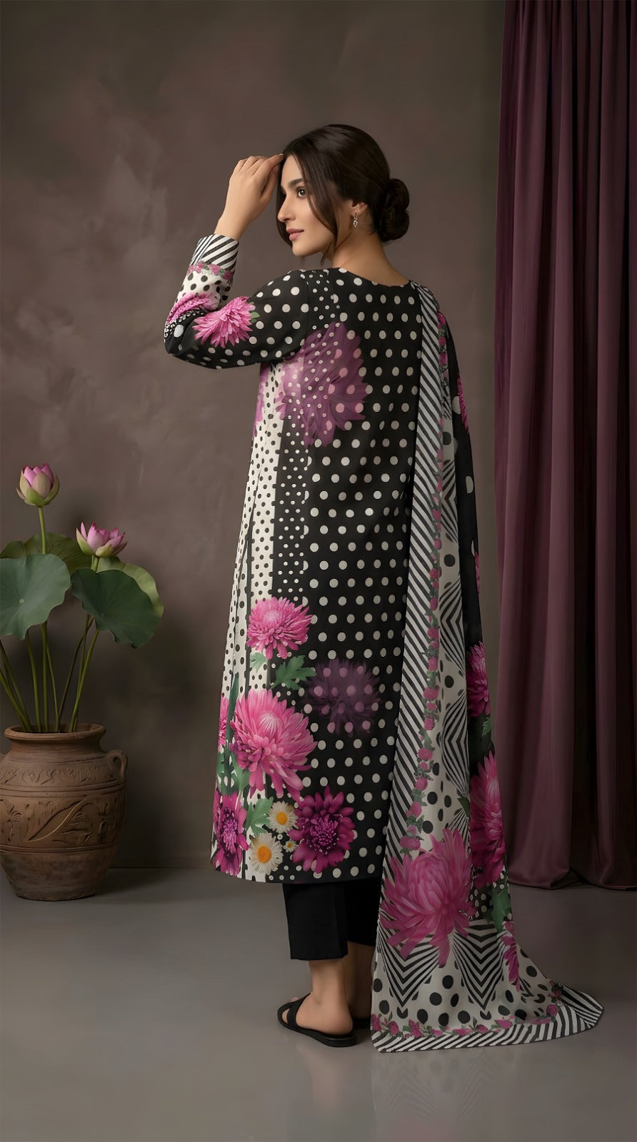 Black Polka Chrysanthemum - Digital Print Slub Lining Lawn 3-Piece