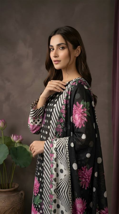 Black Polka Chrysanthemum - Digital Print Slub Lining Lawn 3-Piece