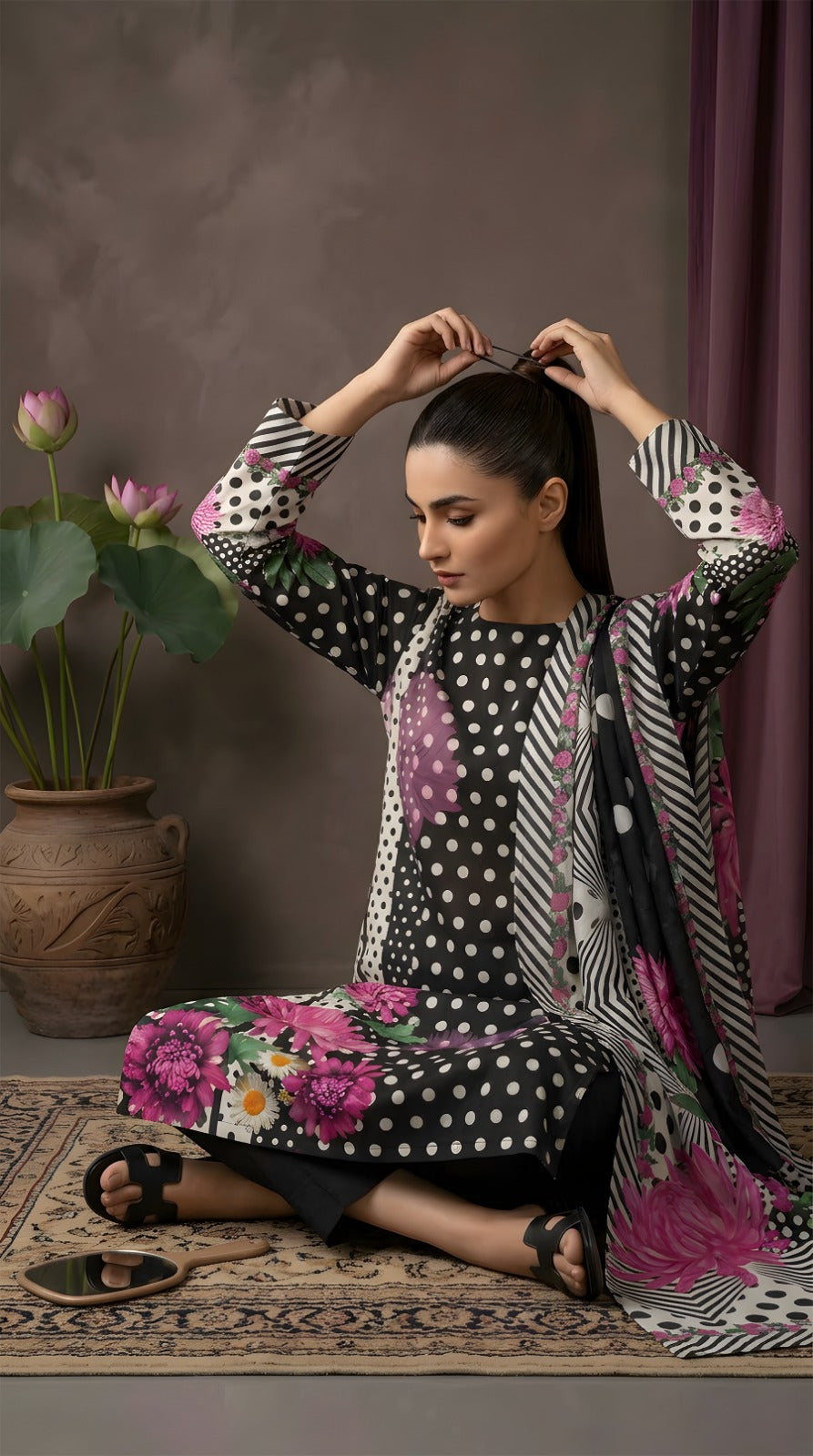 Black Polka Chrysanthemum - Digital Print Slub Lining Lawn 3-Piece