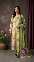 Lime Green Spring Rose - VIP Digital Print Slub Lawn 3PC Suit