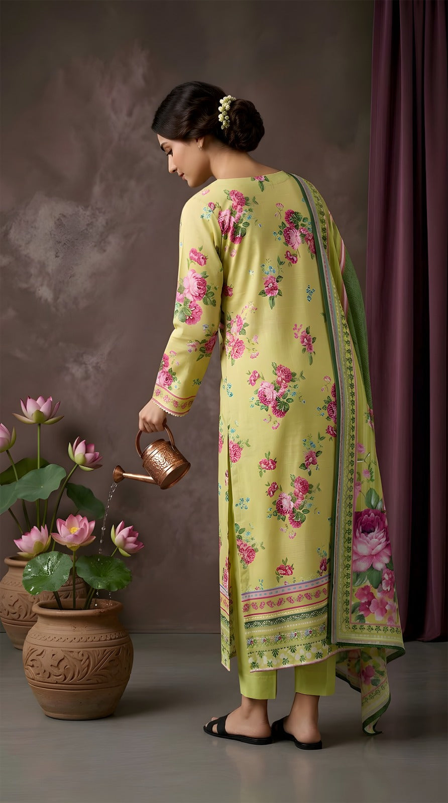Lime Green Spring Rose - VIP Digital Print Slub Lawn 3PC Suit