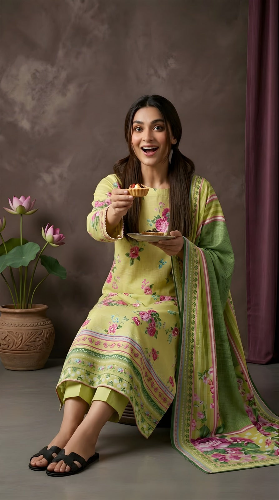 Lime Green Spring Rose - VIP Digital Print Slub Lawn 3PC Suit