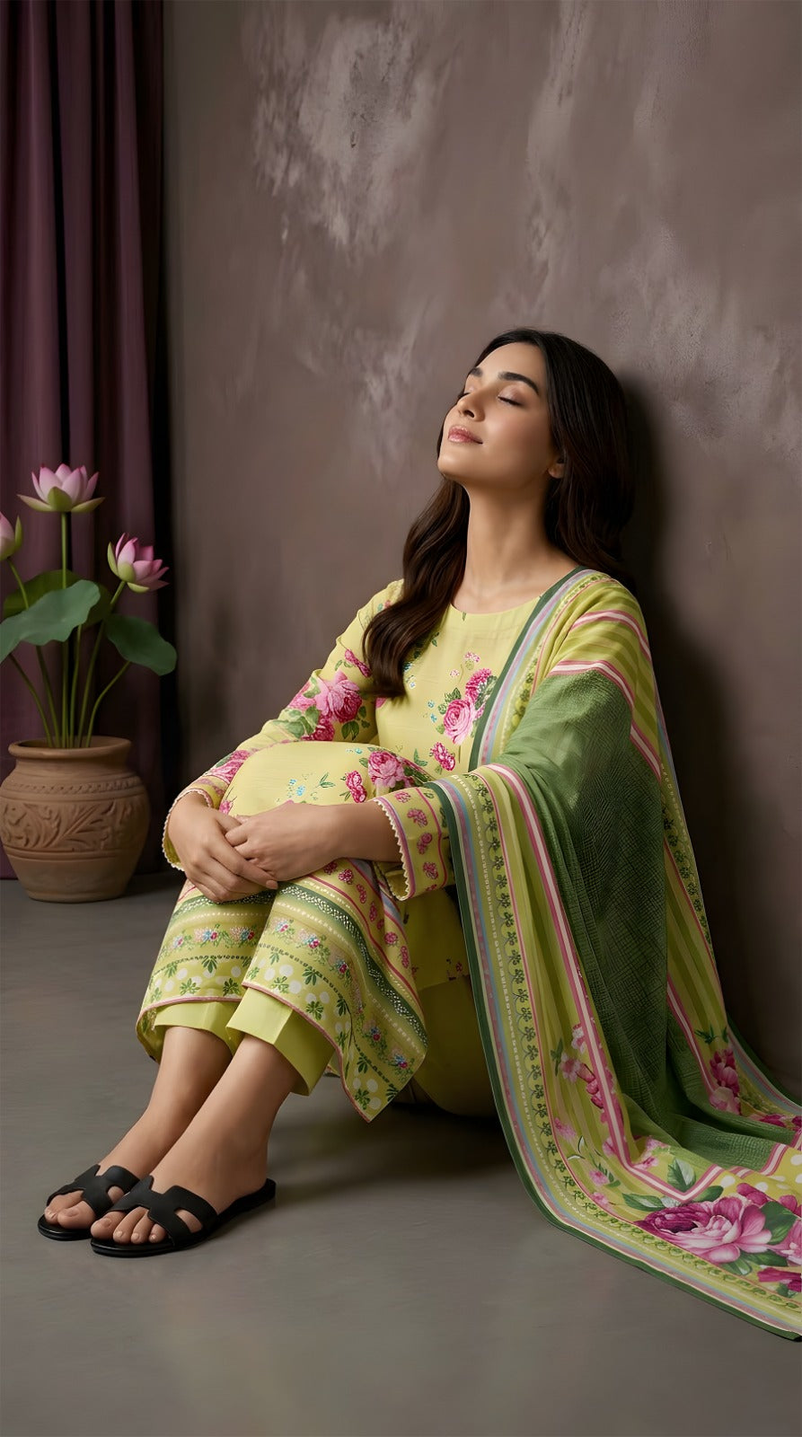Lime Green Spring Rose - VIP Digital Print Slub Lawn 3PC Suit