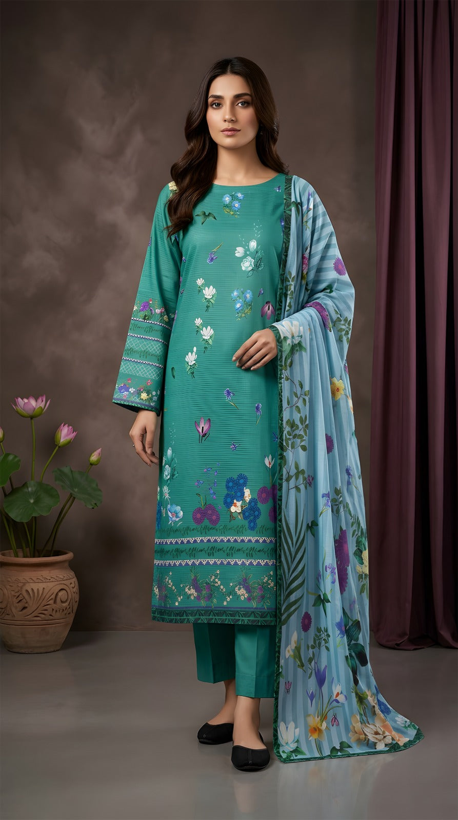 Teal Green Garden Print - Digital Print Slub Lawn 3-Piece Collection