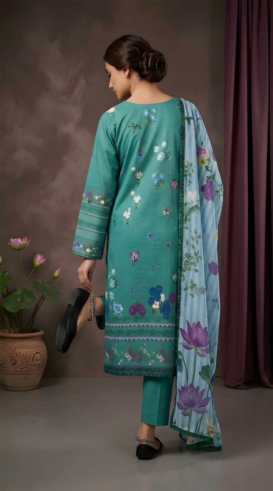 Teal Green Garden Print - Digital Print Slub Lawn 3-Piece Collection