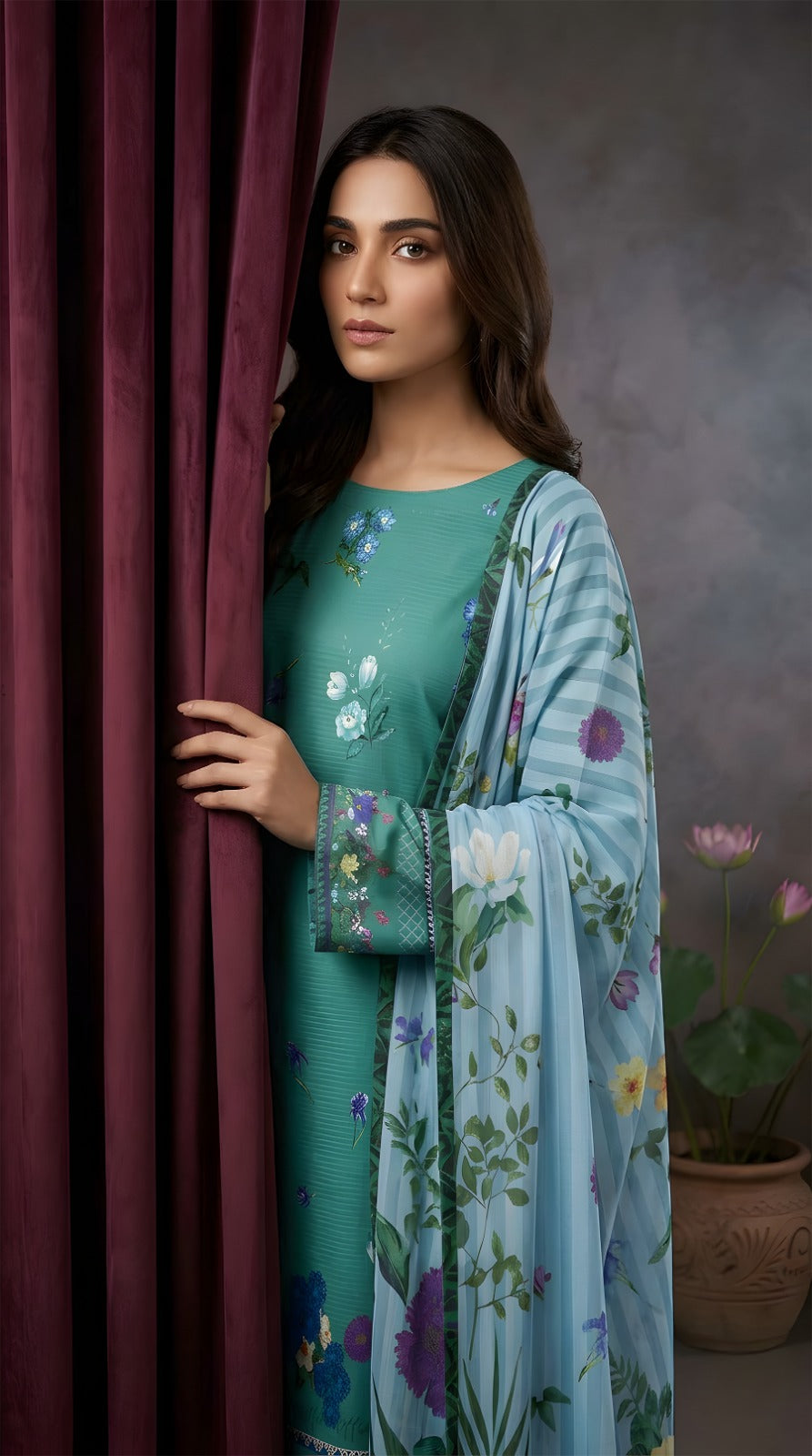 Teal Green Garden Print - Digital Print Slub Lawn 3-Piece Collection