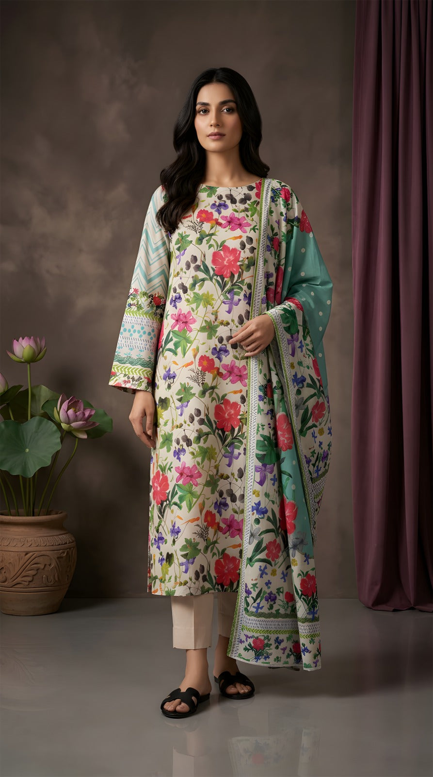 Off-White Vibrant Floral - VIP Digital Print Slub Lawn Unstitched 3PC