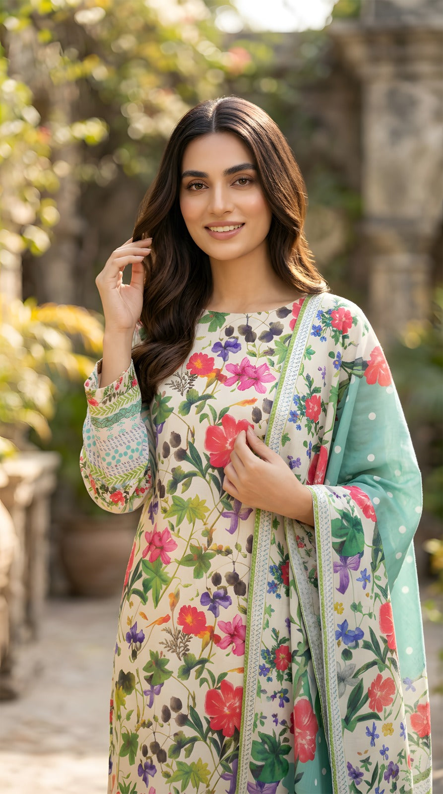 Off-White Vibrant Floral - VIP Digital Print Slub Lawn Unstitched 3PC