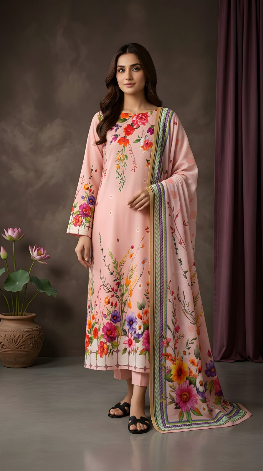 Peach Blossom Delight - VIP Digital Print Slub Lawn 3-Piece Suit