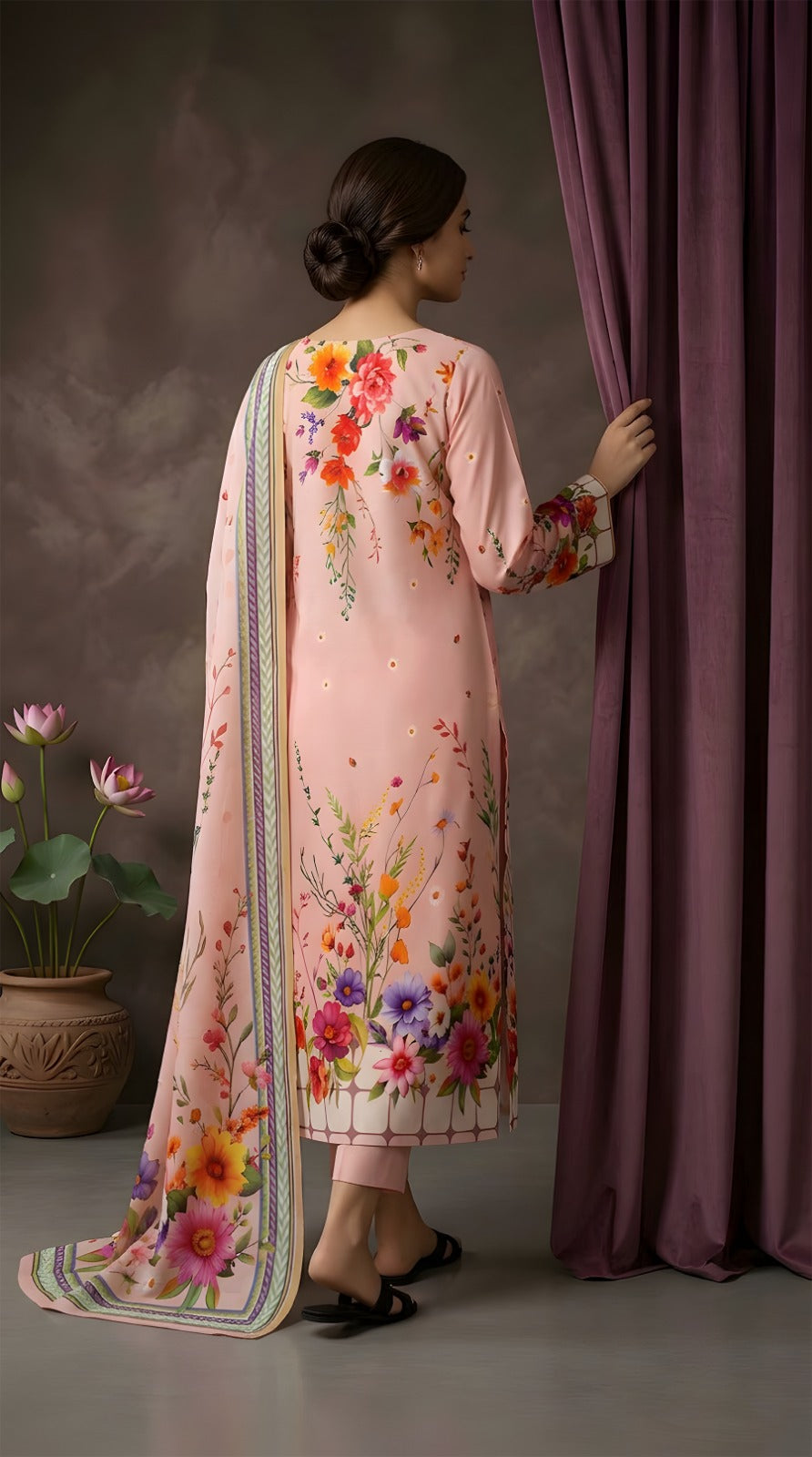 Peach Blossom Delight - VIP Digital Print Slub Lawn 3-Piece Suit