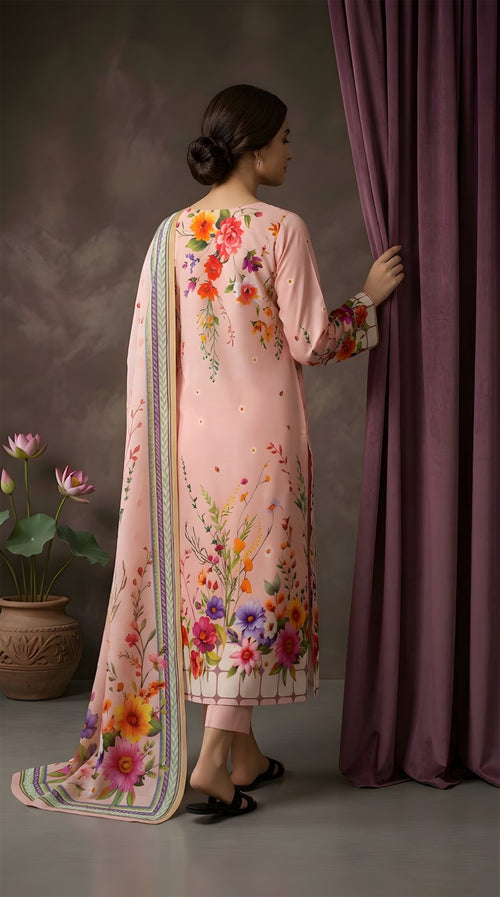 Peach Blossom Delight - VIP Digital Print Slub Lawn 3-Piece Suit