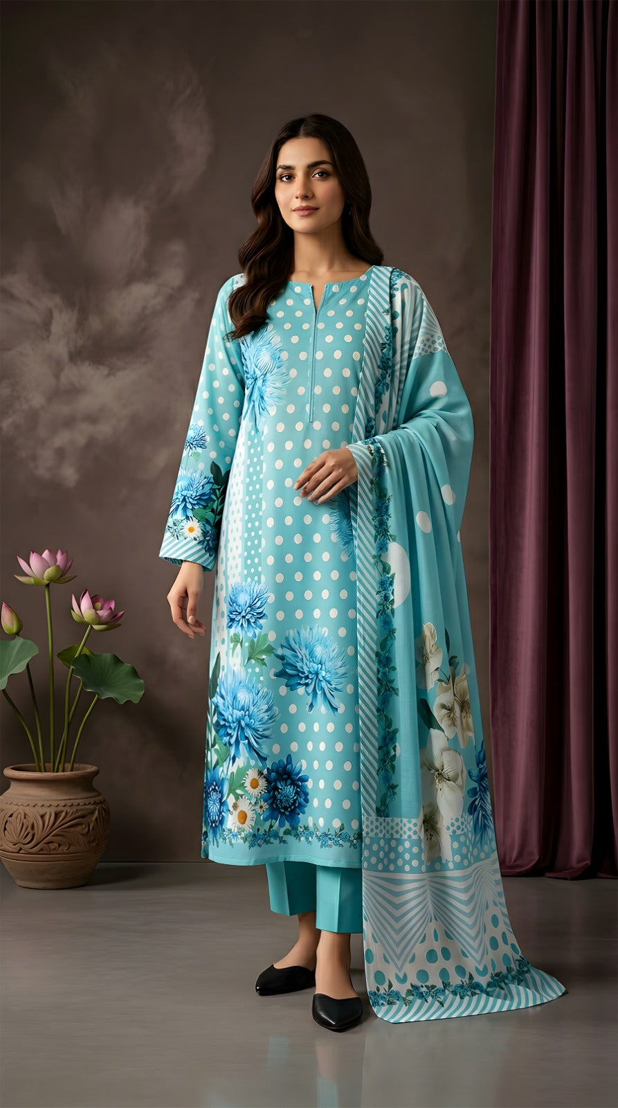 Aqua Blue Polka Floral - Digital Print Slub Lining Lawn 3PC