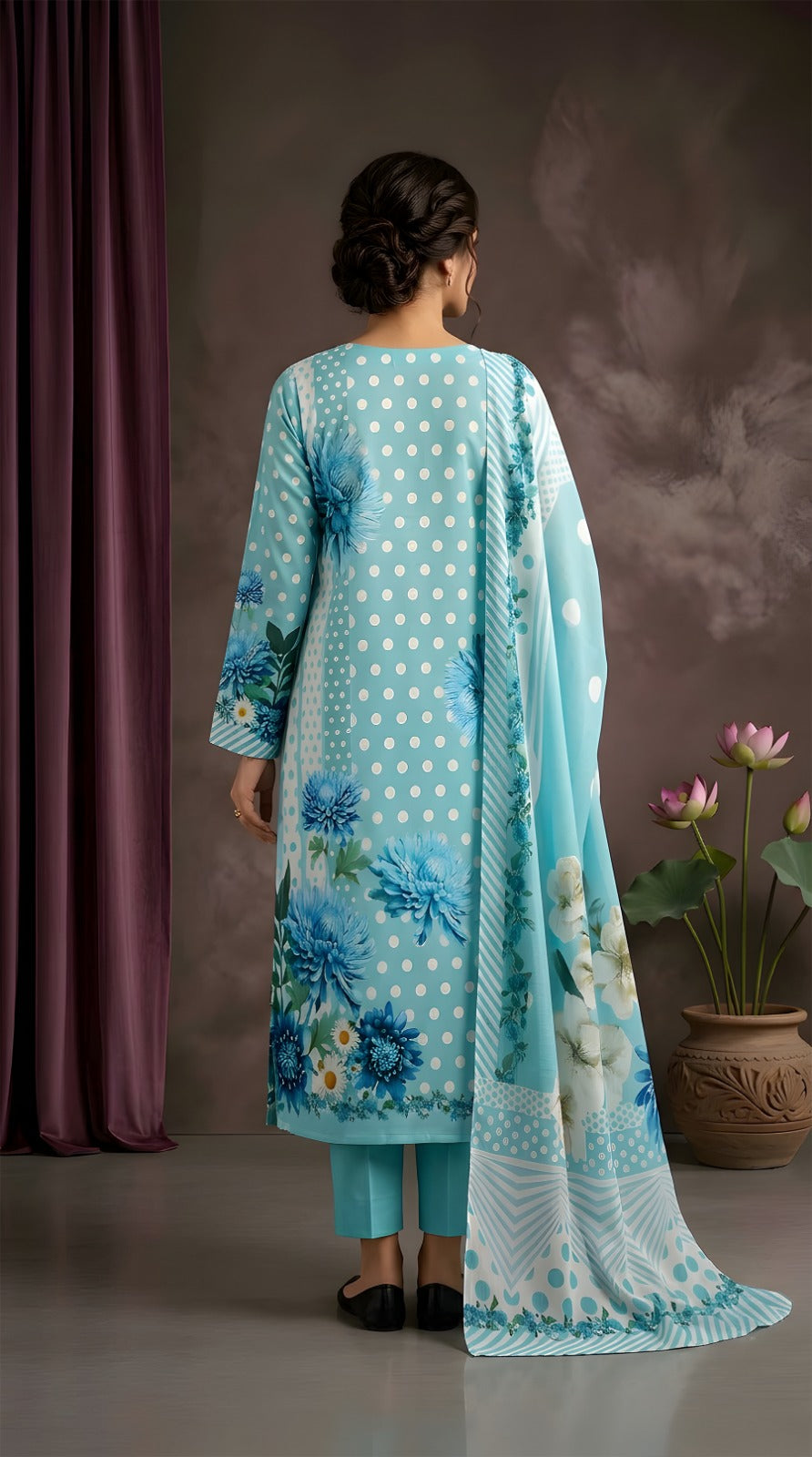 Aqua Blue Polka Floral - Digital Print Slub Lining Lawn 3PC