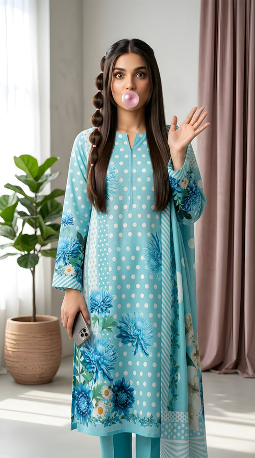 Aqua Blue Polka Floral - Digital Print Slub Lining Lawn 3PC