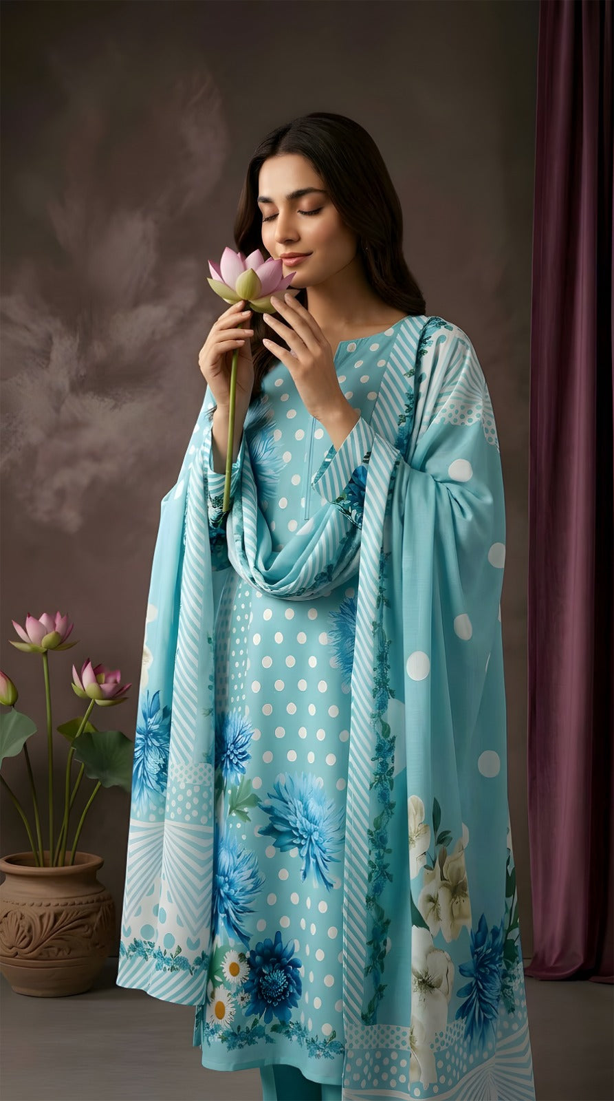 Aqua Blue Polka Floral - Digital Print Slub Lining Lawn 3PC