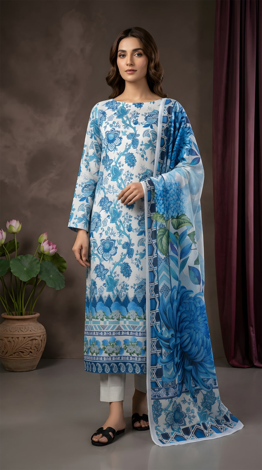 Classic Blue & White Motif - VIP Digital Print Slub Lawn 3-Piece