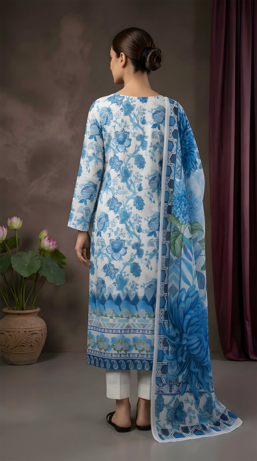 Classic Blue & White Motif - VIP Digital Print Slub Lawn 3-Piece