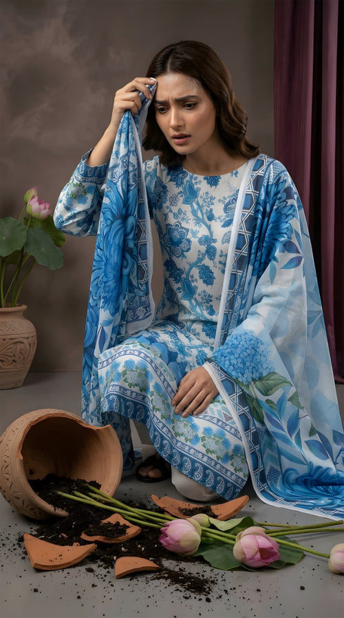 Classic Blue & White Motif - VIP Digital Print Slub Lawn 3-Piece