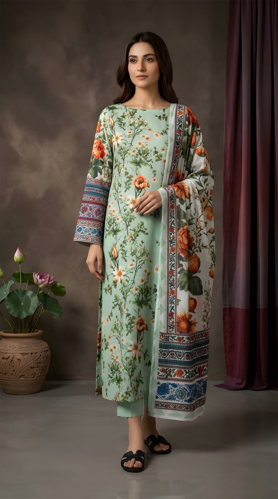 Mint Green Vintage Floral - Digital Print Slub Lawn 3PC Suit