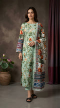 Mint Green Vintage Floral - Digital Print Slub Lawn 3PC Suit