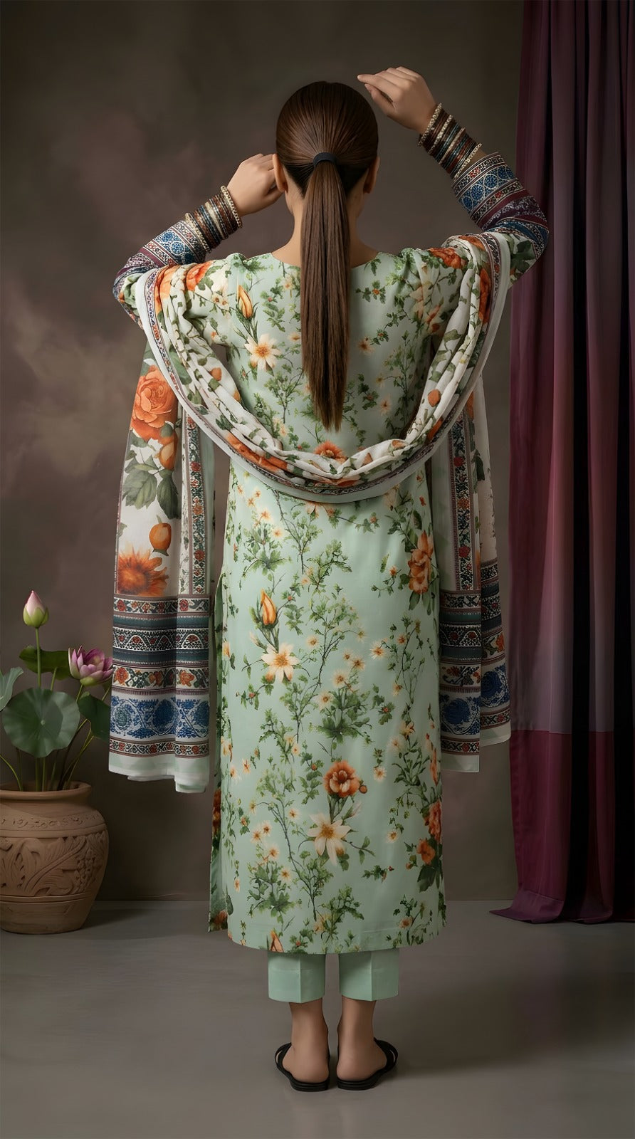 Mint Green Vintage Floral - Digital Print Slub Lawn 3PC Suit