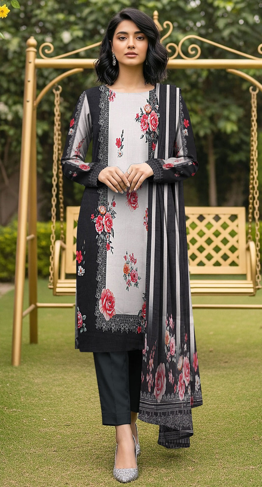 RR-19 - VIP Digital Print Slub Lawn Unstitched 3PC